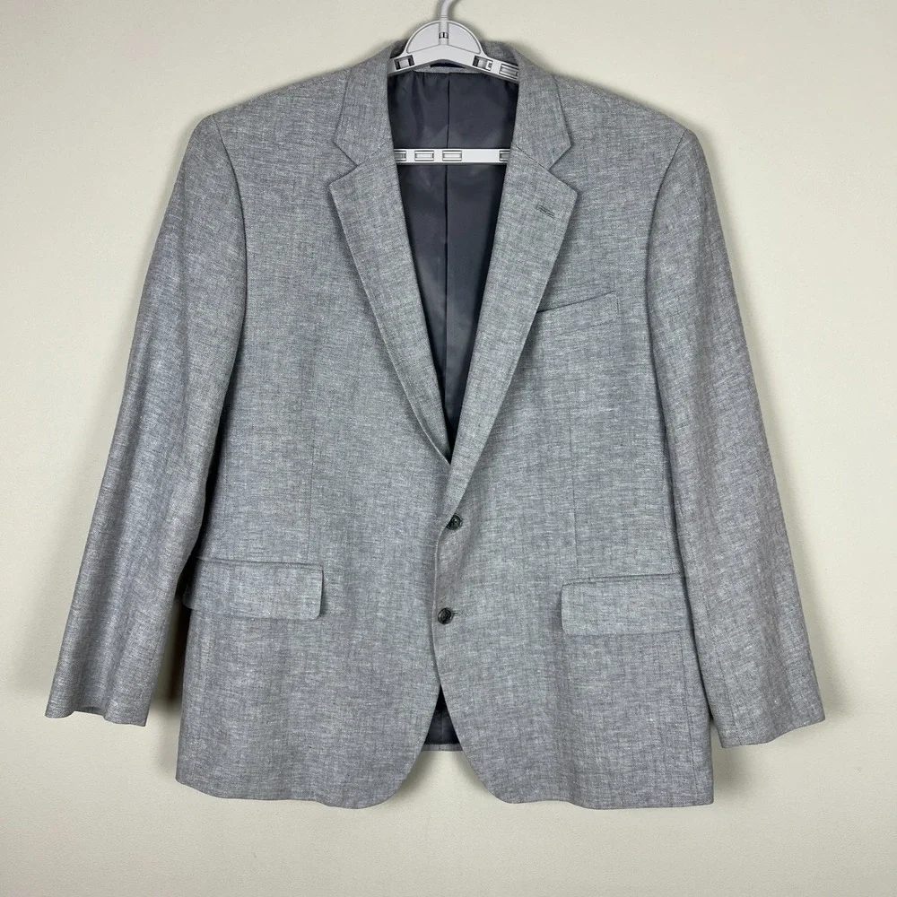 Stafford Sport Coat Mens 48 Regular Gray Linen Cotton Classic‎ Fit Herringbone